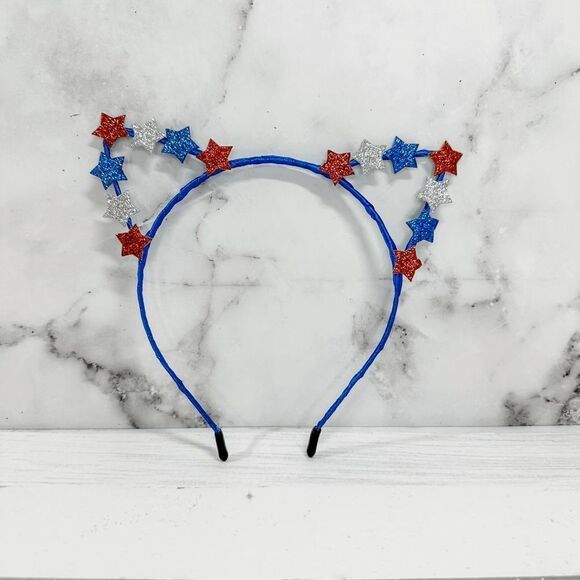 4th of July Patriotic Red & Blue Glitter Stars Cat Ears Headband - Picture 2 of 4